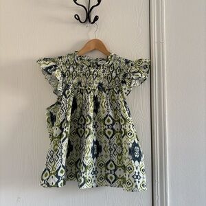 The Odells Rhia Top Women’s Size Large Green Ikat Print Ruffle 100% Cotton